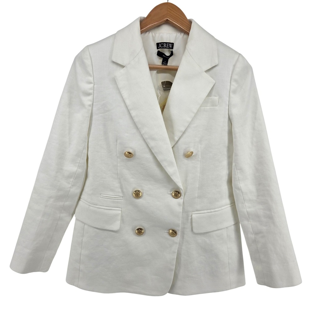 J. Crew Bristol Double Breasted Linen Blend White Blazer Gold Buttons‎ Size 4